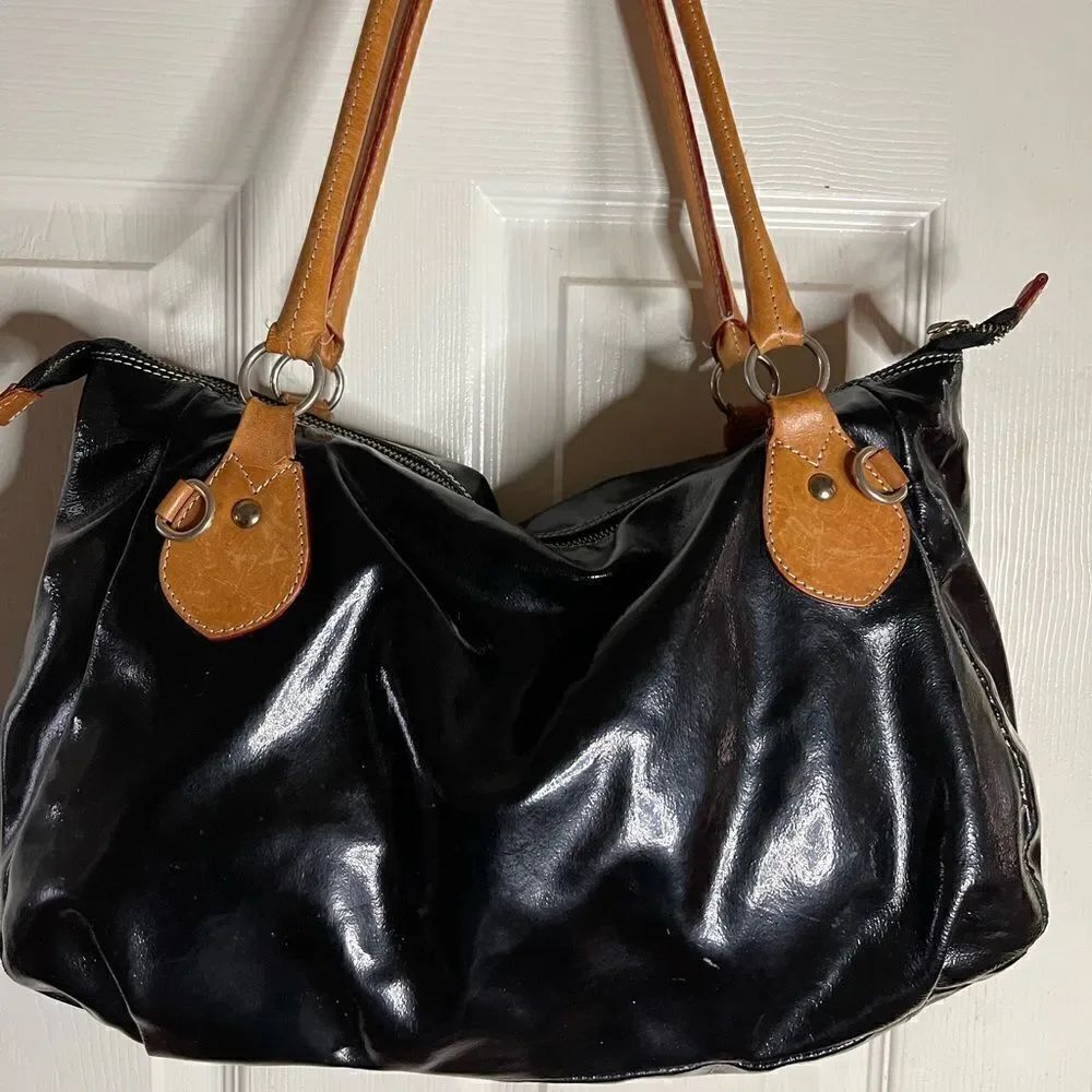 Cavalcanti made in Italy patent leather black shoulder bag tan leather trims